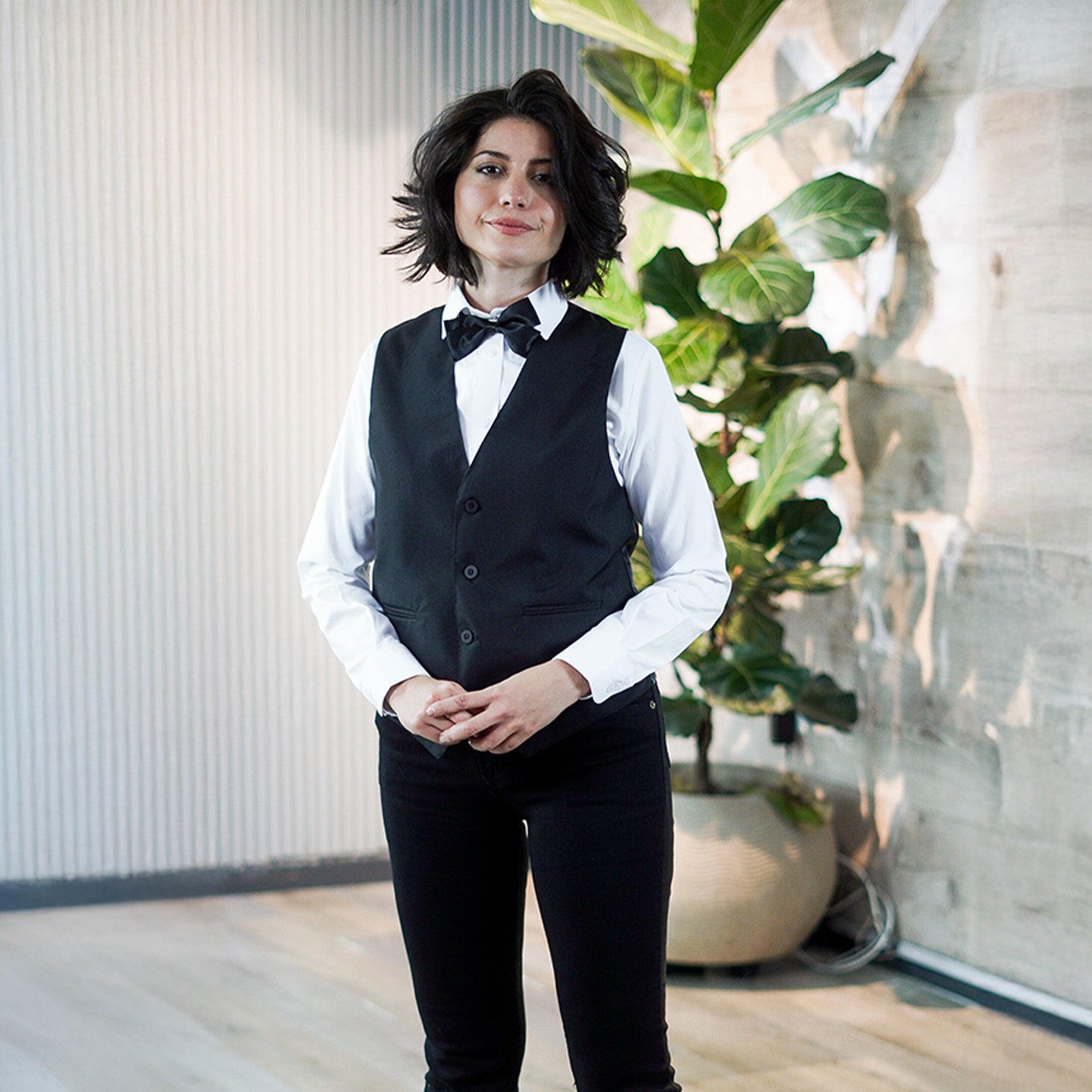 Combo Oxford Shirt + Pants + Black Vest + Bow Tie - Women